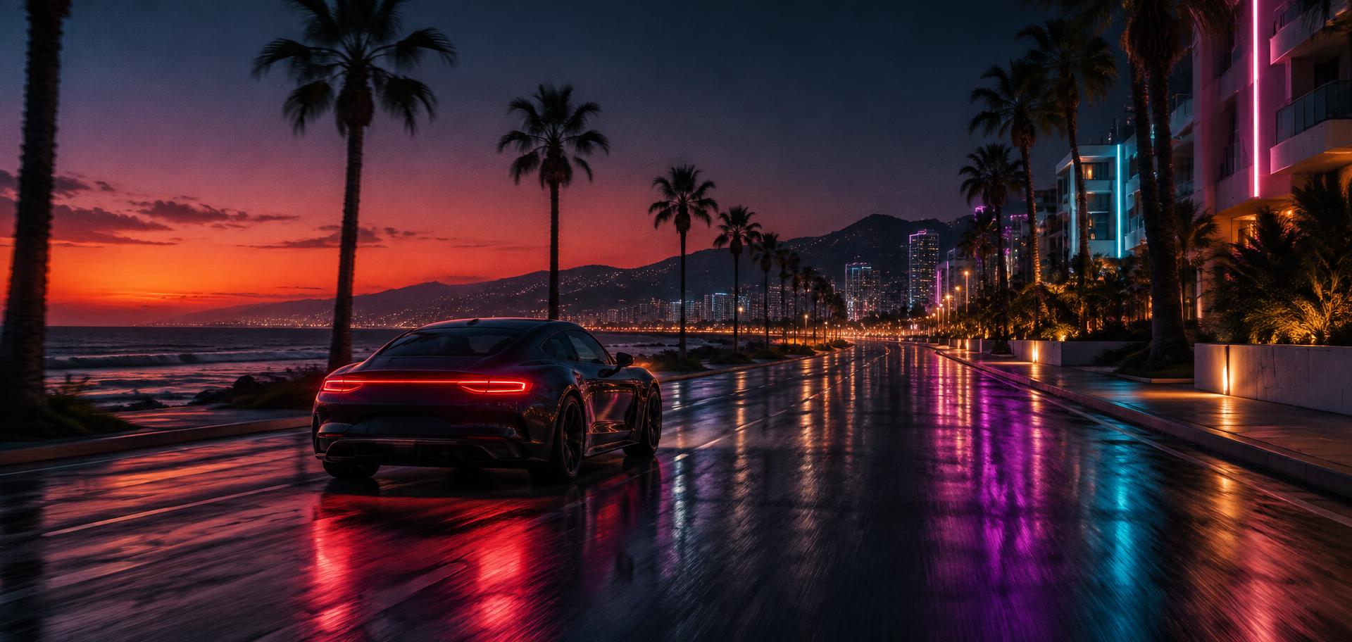 A neon coastal boulevard at sunset